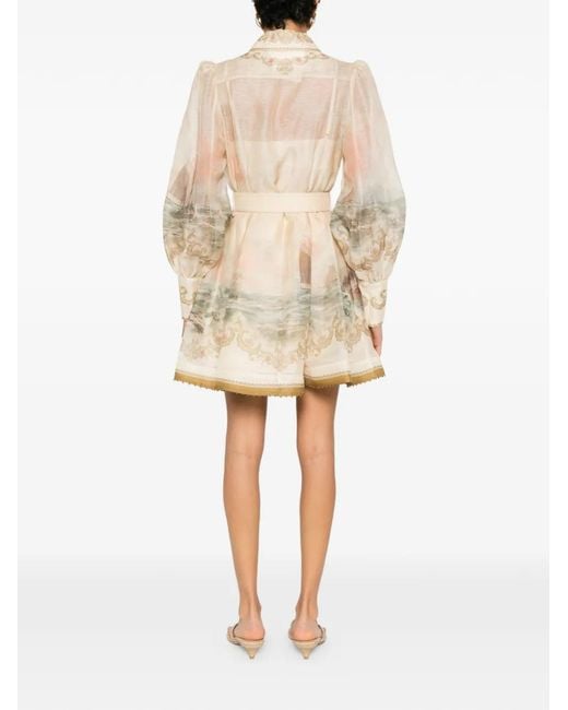 Zimmermann Natural Mini Dress With Long Puff Sleeves And Removable Belt