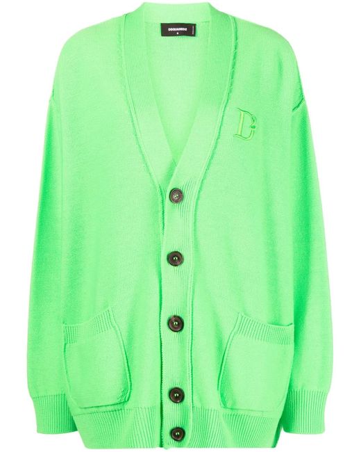 DSquared² Green Embroidered-Logo Virgin Wool Cardigan
