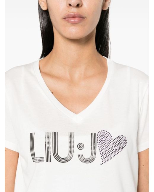 Liu Jo White Bead-embellished Logo-print T-shirt
