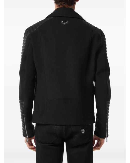 Philipp Plein Black Wool Biker Jacket With Leather Inserts for men