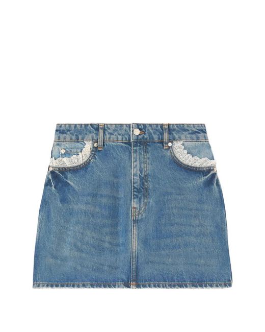 Ganni Blue Lace-Trim Denim Skirt