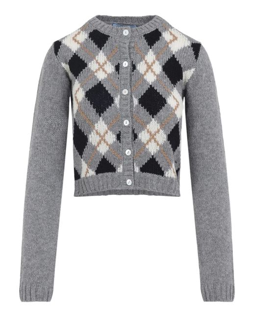 Cardigan À Motif De Losanges Prada en coloris Gray