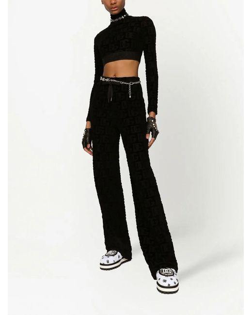 Dolce & Gabbana Black Logo Print Roll Neck Crop Top