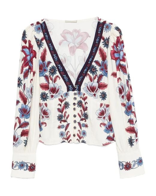 Farm Rio White Floral-print V-neck Blouse