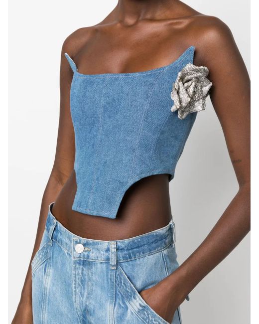 GIUSEPPE DI MORABITO Blue Floral-Appliqué Denim Corset