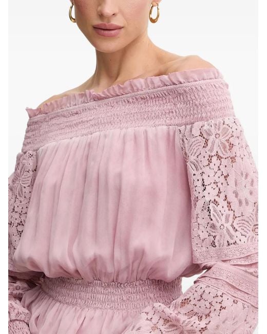Guess Pink Lace-Sleeves Smocked Blouse