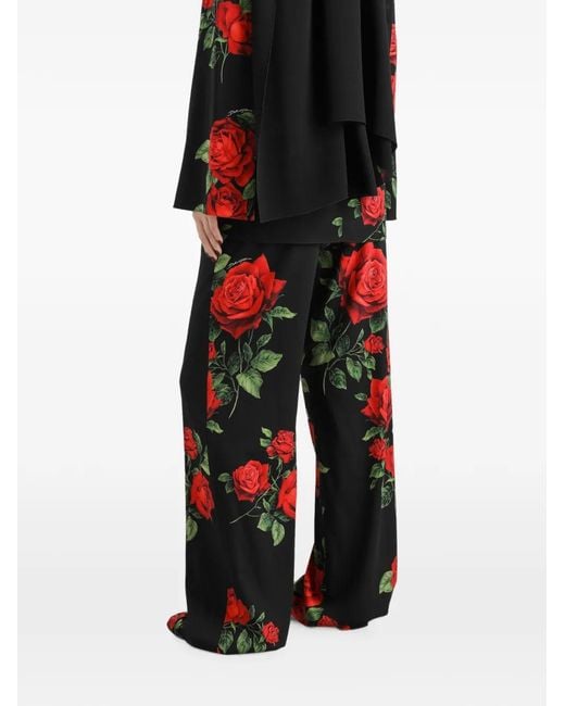 Dolce & Gabbana Red Rose-Print Vanity Silk Trousers