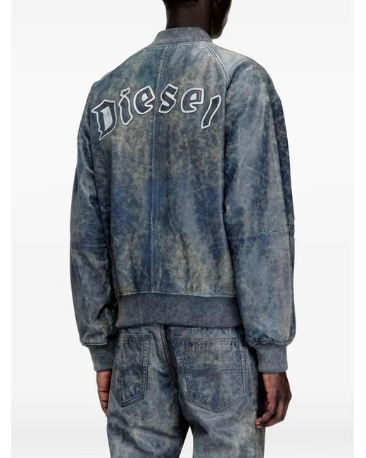 DIESEL Blue L-Cobb Leather Bomber Jacket for men