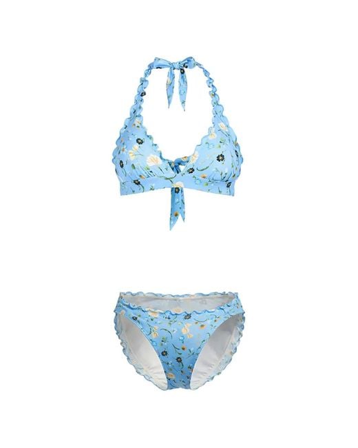 Seafolly Blue Ruffled Floral-Print Bikini Bottom