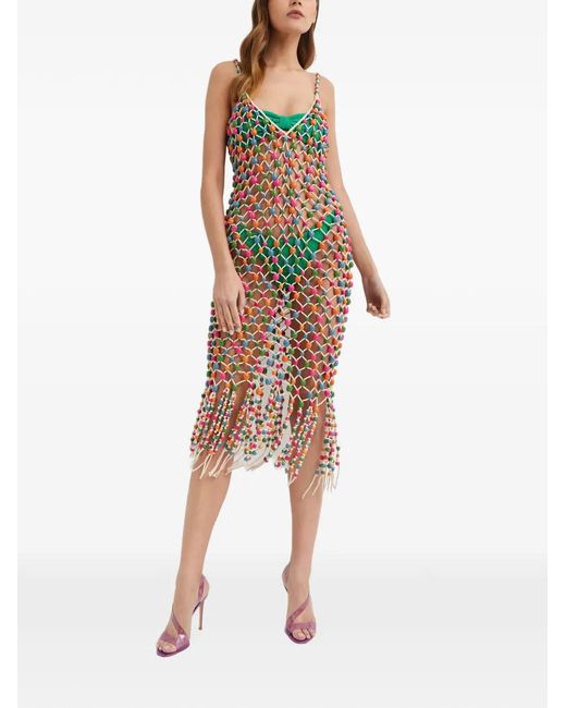 retroféte Natural Calypso Beaded Fringed Beach Midi Dresse
