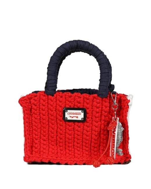 Charles Jeffrey Red Crocheted Top Handle Tote Bag