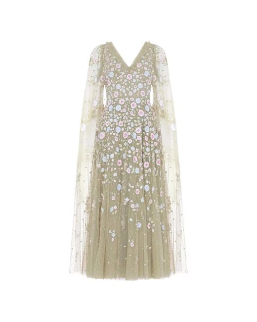 Needle & Thread White Ethereal Blooms Cape-Sleeve Floral-Print Gown Maxi Dress