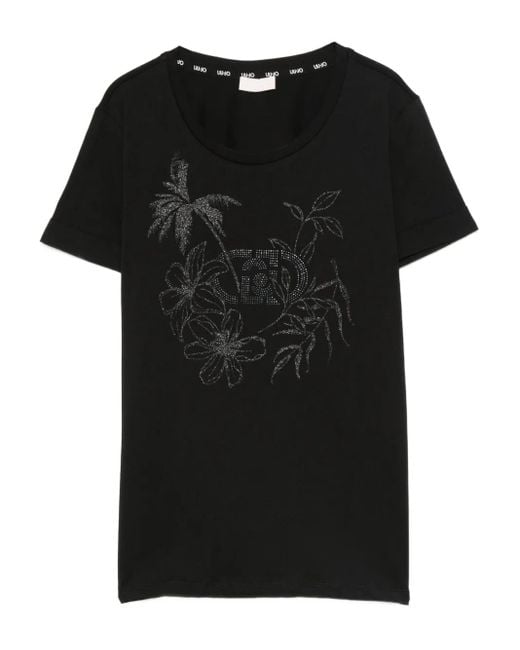 Liu Jo Black Floral-Embellished Cotton T-Shirt