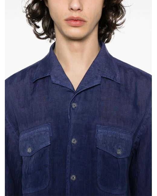 120% Lino Blue Notched-collar Linen Shirt for men