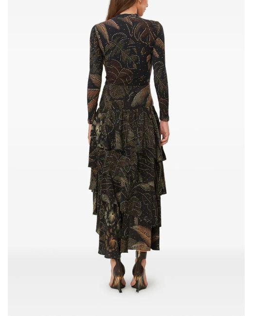 Farm Rio Black Foliage Tiered Printed Midi Skirt