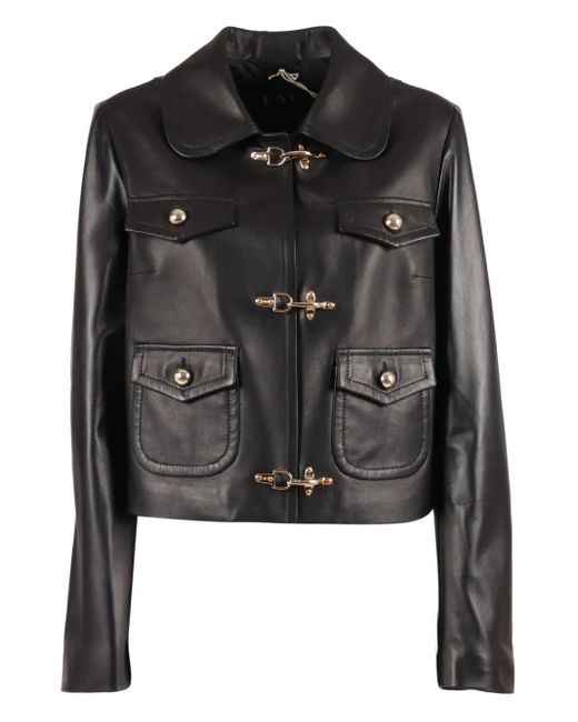 Fay Black Clasp-Fastening Leather Jacket
