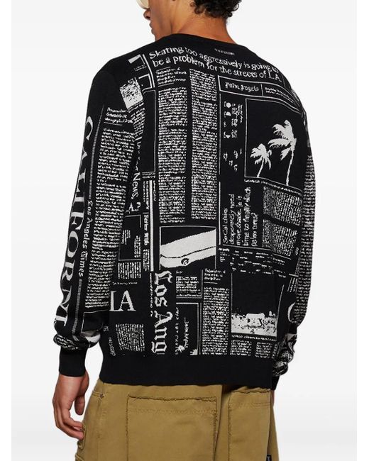メンズ Palm Angels Newspaper-print Crew Neck Sweater Black
