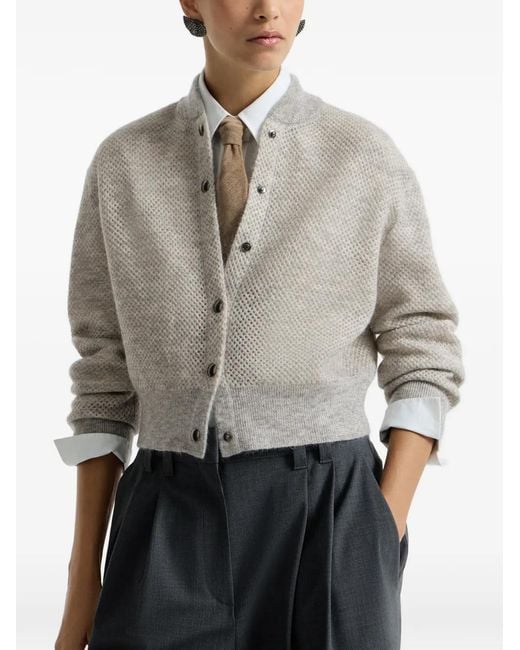Brunello Cucinelli White Sparkling Mohair Double-Knit Net Cardigan