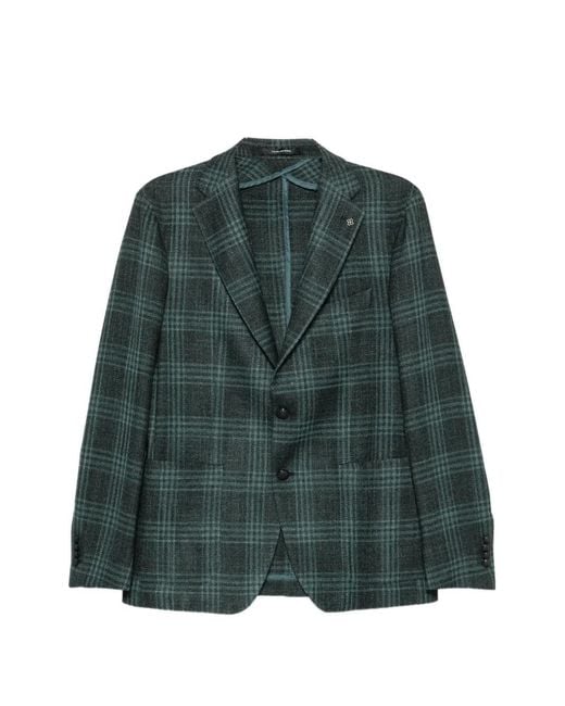 Tagliatore Green Check-Pattern Notched-Lapels Blazer for men