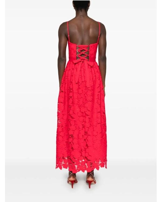 Nissa Red Floral-Lace Midi Dress