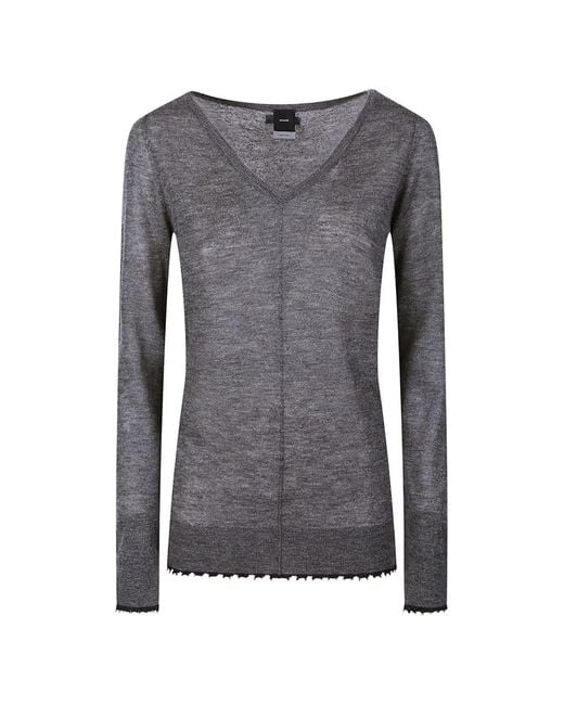 Pinko Gray V-Neck Frayed-Edge Sweater
