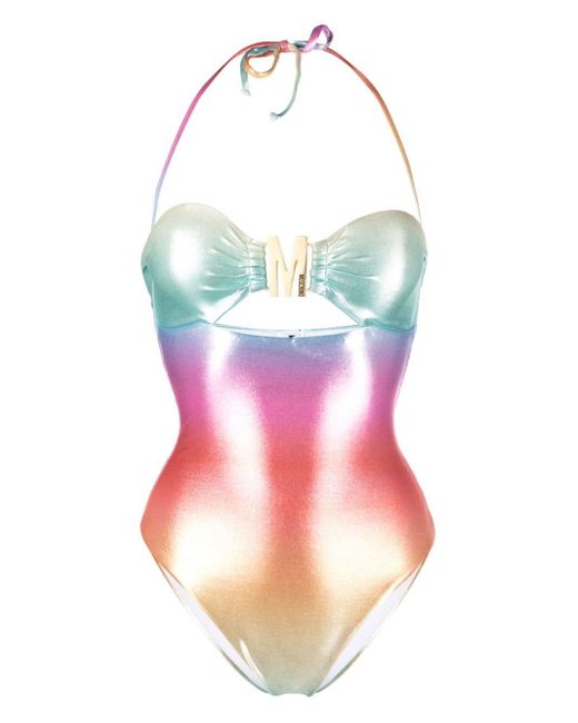 Moschino Pink Logo Plaque Iridescent-effect Swimsuit