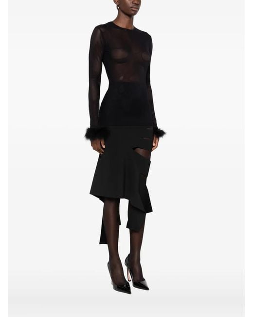 Mugler Black Feather-cuff Mesh Top