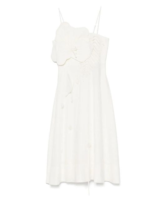 Farm Rio White Floral-Appliqué Midi Dress