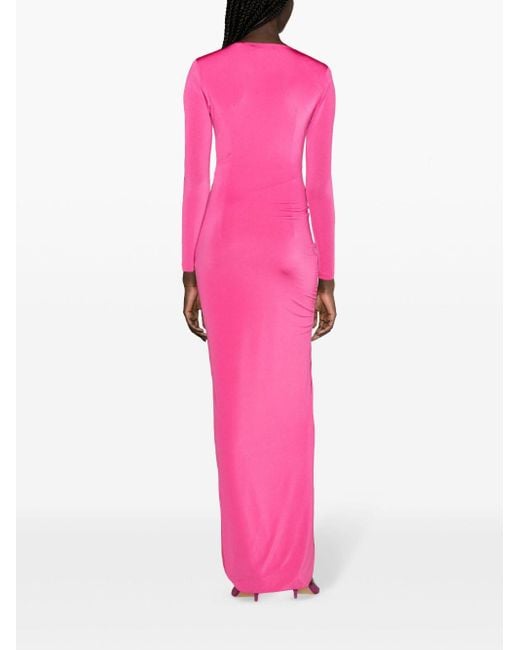 Nissa Pink Floral-appliqué Satin Maxi Dress