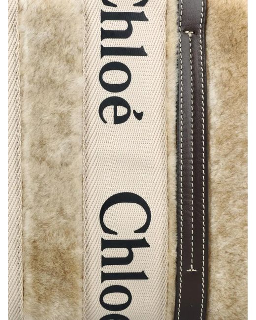 Chloé Natural Shearling Logo-Plaque Tote Bag