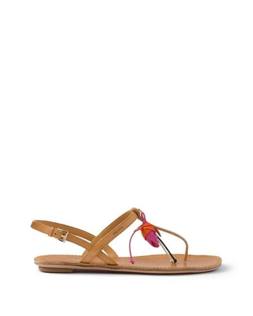 Prada Brown Antiqued Leather Thong Sandals With Floral Ornament