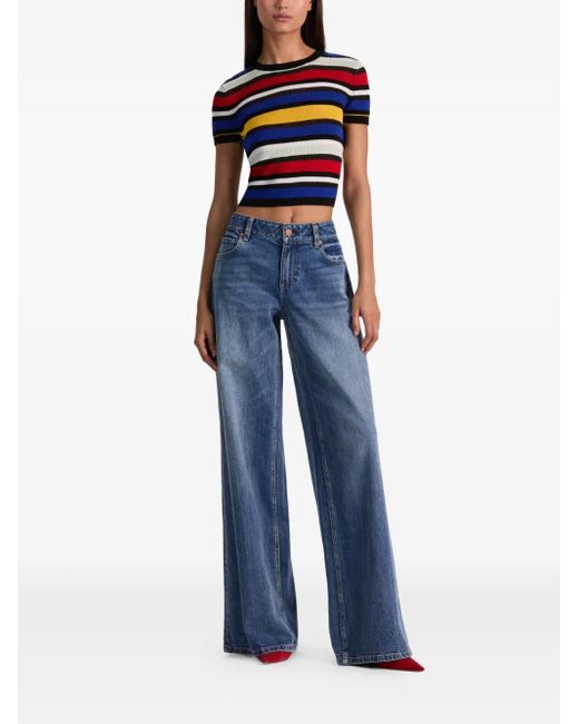 Alice + Olivia Blue Striped Short-Sleeve Sweater