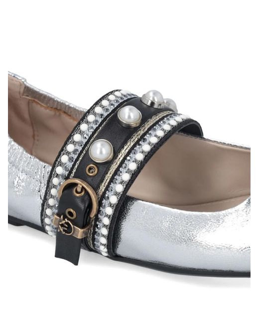 Pinko White Pearl-Embellished Buckle Ballet Flats