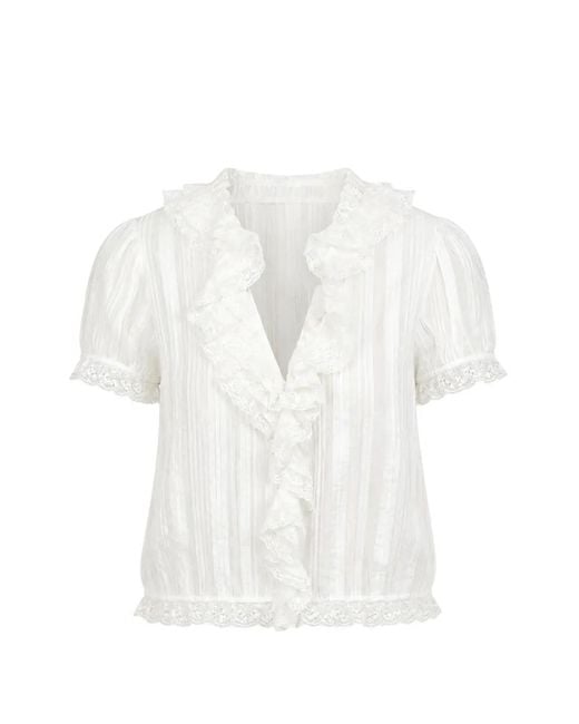 Doen White Bernadette Ruffled Lace-Trim Blouse