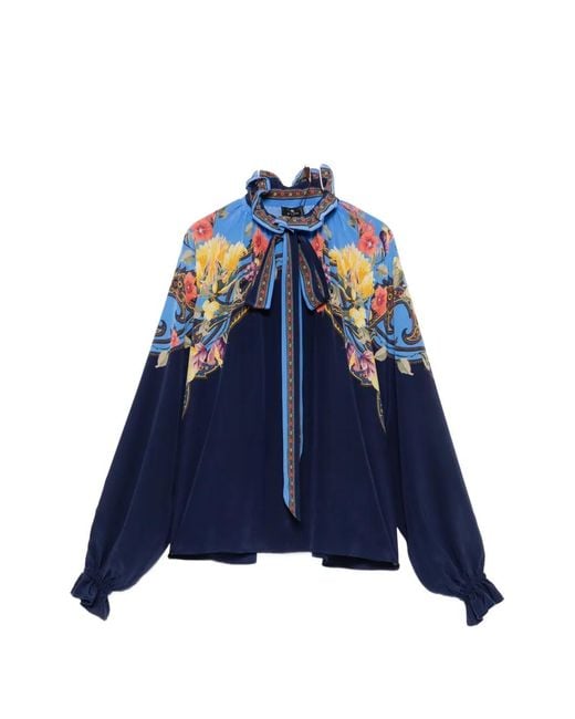Etro Blue Floral-Print Ruffled-Collar Blouse