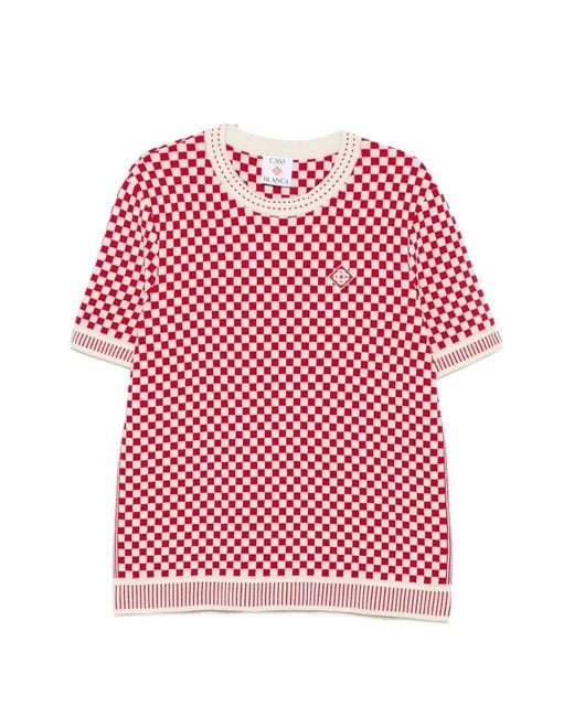 Casablanca Pink Checkerboard-Knit Logo-Patch Sweater for men