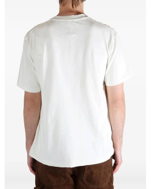 vowels White Collegiate Logo-Print Distressed T-Shirt for men