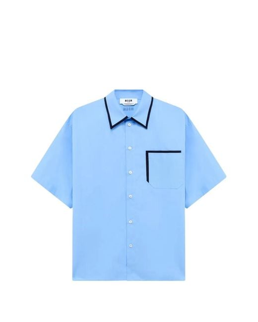 MSGM Blue Piping-Detail Embroidered-Logo Shirt for men