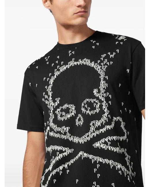 Philipp Plein Black T-Shirt Round Neck Ss Skull & Bones for men