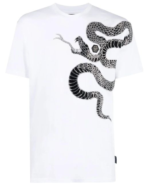 Philipp Plein White Embellished Snake-Print T-Shirt for men