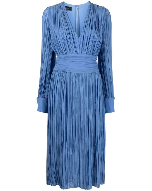 Rochas Blue Plissé-detail Midi Dress