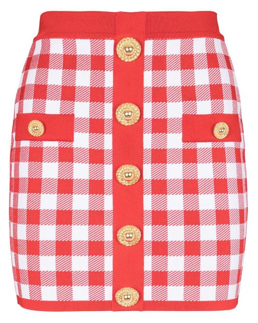 Balmain Red Vichy Buttoned Mini Skirt