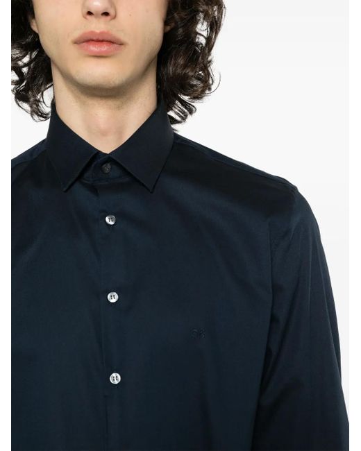 Calvin Klein Blue Monogram-Embroidered Cotton Shirt for men