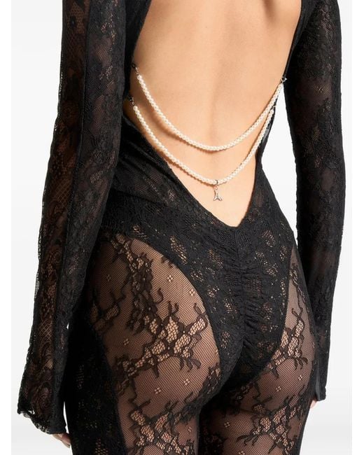 Manière De Voir Black Lace Backless Footsie Jumpsuit With Pearl Detail