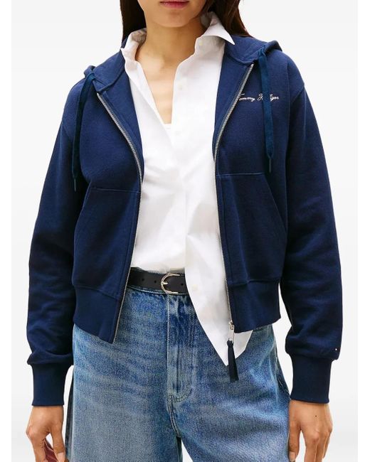 Tommy Hilfiger Blue Logo-Embroidered Zip-Up Hoodie
