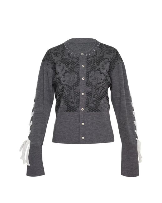 Renli Su Gray Lace-Panel Lace-Up Cardigan