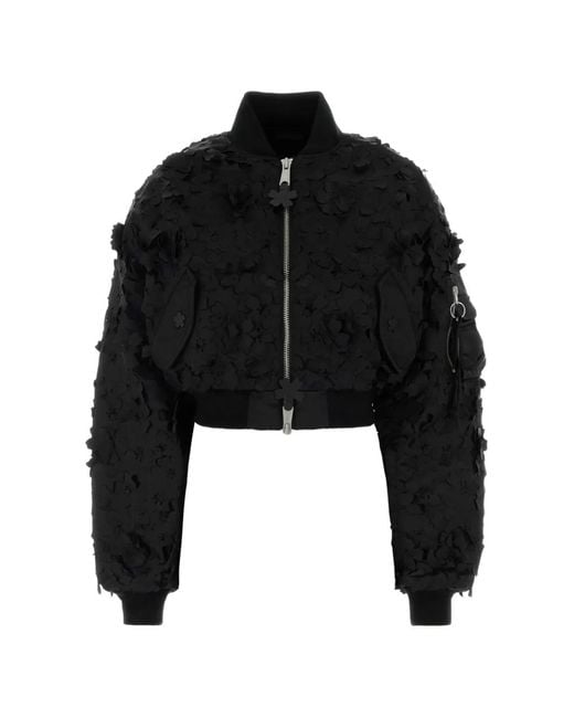 CECILIE BAHNSEN Black Floral-Appliqué Cropped Bomber Jacket
