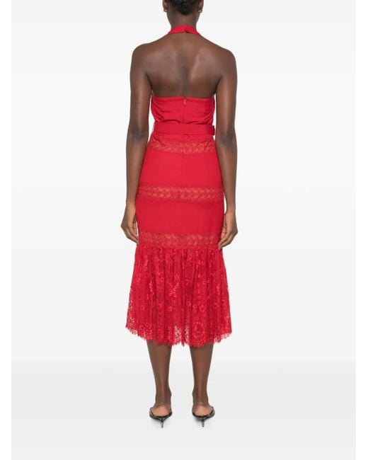 Self-Portrait Red Lace-Panelled Belted Midi Dress