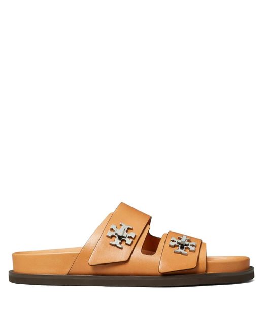 Tory Burch Brown Turnlock Leather Slides