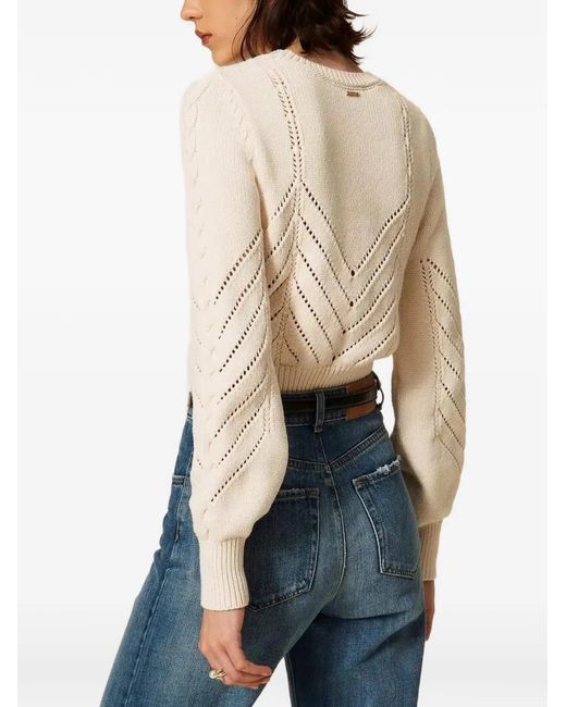 Twinset Natural Cropped Wool-Blend Jumper With Chevron Design